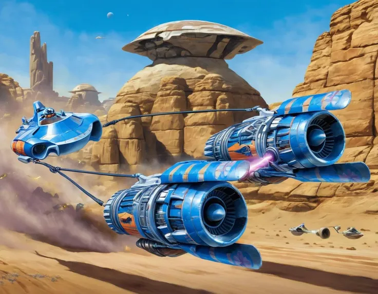 podracing, blue vehicle, best quality, highly detailed, desert background, <lora:podracing_sdxl_15:0.9>