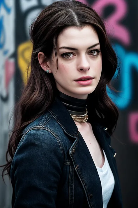 AnneH_SoloTI_v1, PA7_Portrait-MCU,
(Dressed in a fitted black blazer paired with distressed denim jeans and chunky boots, accessorized with edgy leather cuffs and a choker necklace, with a messy bun and smoky eye makeup),
(Exploring a gritty urban gallery, adorned with graffiti murals and industrial accents, where the clash of colors and textures creates a raw and rebellious atmosphere: 1.3),
photorealistic, masterpiece, high quality, artistic, unique, award winning photograph, professional, 8k, RAW photo, best quality,
<lora:add_detail:0.6>,<lora:LowRa:0>,