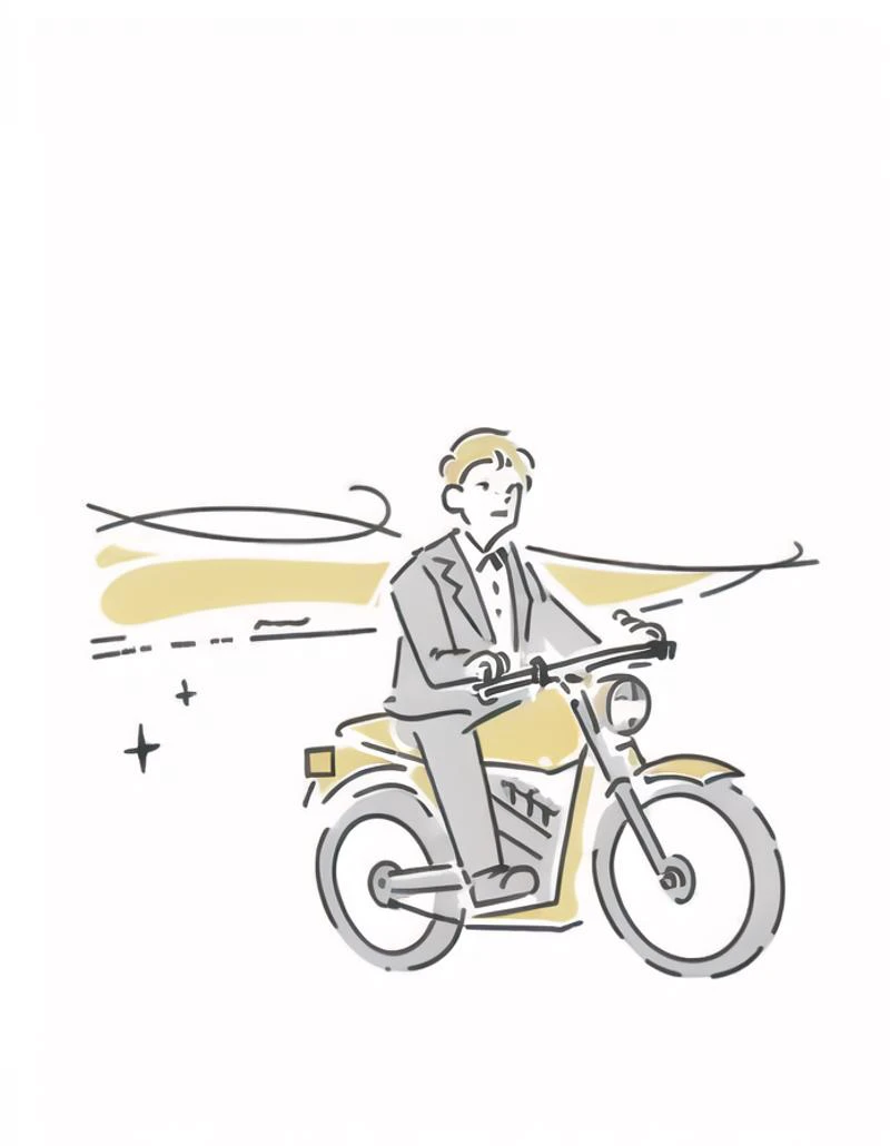 A rugged and stylish man on a motorcycle, cruising along a scenic coastal road with the wind in his hair.
<lora:Japanese_style_Minimalist_Line_Illustrations:1>
