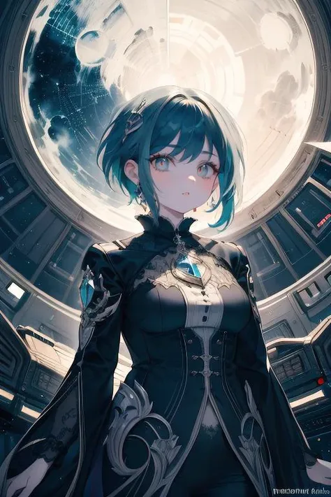 kittenfuturism dreadpunk style, best quality, (realistic:1.3), masterpiece, elaborate spaceship, one girl, hime haircut, [art deco|art nouveau], absurdres, (filigree:0.5), elegant, gothic, vibrant colors, professional, cinematic still <lora:hairdetailer:1>