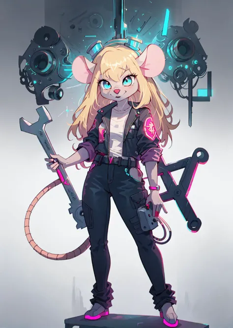 best quality,masterpiece,detailed background,1girl, gadgethackwrench,<lora:gadgethackwrench:.7>,full body, (furry mouse body:1.05), animal noise, mouse tail, long blonde hair, holding_wrench,digital plates,neon,<lora:CyberPunkAI:1>