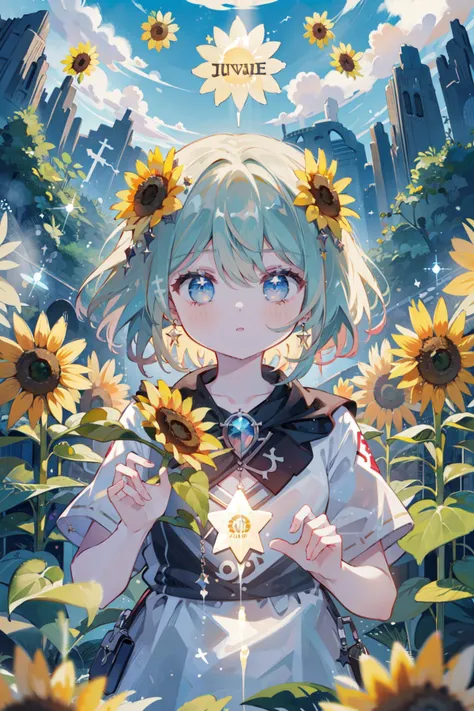 ((best quality, masterpiece, absurdres)), 1girl, upper body, Mystical Cavern, Glowing Runes, ((sunflower field,))
