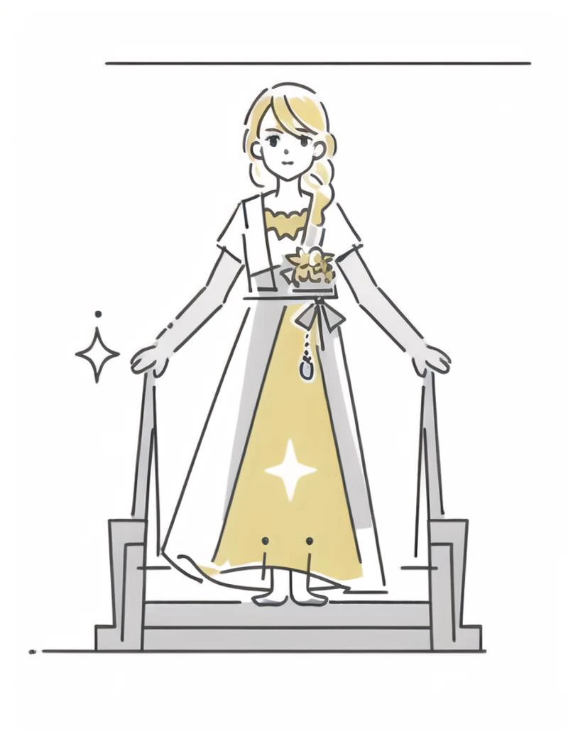 a blue-eyed British noble girl with long blonde hair and a fancy frilly dress. She is likely to be found in a grand ballroom or a luxurious garden party, surrounded by other aristocrats. Her dress is of the finest quality, with frills and lace adorning every inch. She exudes an air of elegance and refinement, with a regal bearing that hints at her privileged upbringing. Despite her privileged position, there is a hint of playfulness in her demeanor, and a sparkle in her eyes that suggests she is not entirely bound by the strict conventions of her social class.
<lora:Japanese_style_Minimalist_Line_Illustrations:1>