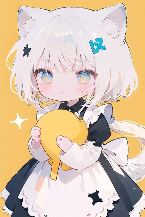 1girl, animal ears, blonde hair, closed eyes, long hair, apron, animal ear fluff, bow, solo, yellow background, simple background, bangs, maid, dress, ahoge, red bow, blush, smile, maid apron, long sleeves, black dress, flying sweatdrops, white apron, chibi, closed mouth, fox ears, sweatdrop, white hair, blush stickers, sweat