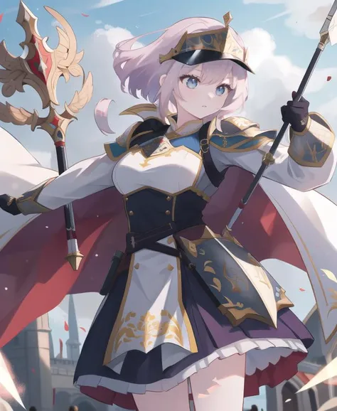 a fearless female knight standing tall and proud amidst a medieval battlefield. She is a symbol of courage, strength, and unwavering determination.  clad in shining armor, reflecting the glimmer of sunlight as she commands attention on the battlefield. Her armor is intricately designed, adorned with engravings and embellishments that depict her noble lineage and valorous deeds. Her helmet, with a visor raised, reveals her resolute expression and piercing eyes that radiate with unwavering focus. In one hand, she wields a mighty sword, gleaming with power and righteousness. With every swing, she strikes fear into the hearts of her enemies and defends the honor and justice she upholds. The other hand holds a shield, proudly displaying her family crest or emblem, serving as a bulwark against any adversary. Her posture exudes confidence and readiness, as she moves with grace and precision across the battlefield. The wind carries her cape, fluttering behind her, symbolizing her indomitable spirit and free-spirited nature. As she charges forward, imagine the ground trembling beneath her feet, and her battle cry echoing across the field, inspiring allies and striking fear into the hearts of her foes. Capture the essence of this formidable female knight, embodying bravery, honor, and the unwavering spirit of a true warrior.
