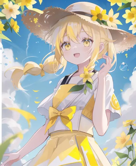 flower in mouth,,yellow eyes,laughing,blonde hair,low braided twintail,white skirt yellow hemline,yellow bow on the chest,wearing a straw hat on the side, one hand raises up to sky,dynamic angles, sunshine,day, (yellow flowers:1.35),(Ochna:1.25),(upper body:1.45),(A splash of colored paint1.15),Movie poster,