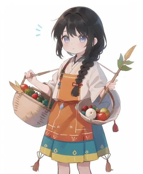 8-year-old girl from a nomadic tribe. She has tan skin, dark hair tied back in a braid, and bright, curious eyes. She wears a colorful dress made of woven fabrics and animal hides, adorned with beads and feathers. In one hand, she holds a small bow and a quiver of arrows, while in the other, she carries a woven basket filled with berries and other foraged foods. She stands tall and proud, with a confident and adventurous expression on her face.