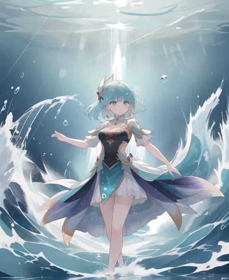water splashes vigorously in the background while a girl dances. Imagine a powerful force of water, such as a crashing waterfall or a surging ocean wave. The water cascades down with great intensity, creating a dynamic and energetic atmosphere. It sprays and splashes in all directions, creating a mesmerizing display of movement. Amidst this water spectacle, a girl gracefully dances, undeterred by the tumultuous surroundings. Her movements are filled with strength and confidence, as if she is in perfect harmony with the elemental forces. Her dress, adorned with water droplets, adds to the visual drama of the scene. Capture the exhilarating combination of the girl's dance and the wild, splashing water, evoking a sense of power, vitality, and the beauty of nature's raw energy.