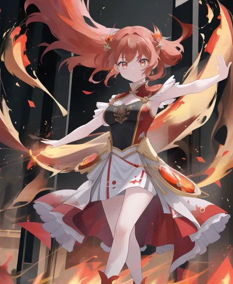 ((Full body)), (a girl), ((red hair)), ((yellow eyes)), ((short hair)), ((idol costume)), ((white stockings)), ((idol)), ((garter belt)), ((white panties)), ((upskirt))