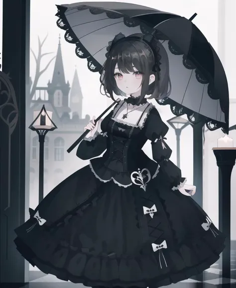 a Gothic Lolita fashion outfit for a young woman with a pale complexion and dark hair. The outfit should include a frilly black dress with lace trim, black stockings, black platform shoes, a black choker with a cameo pendant, and a black parasol. The overall look should be elegant, yet slightly ominous.