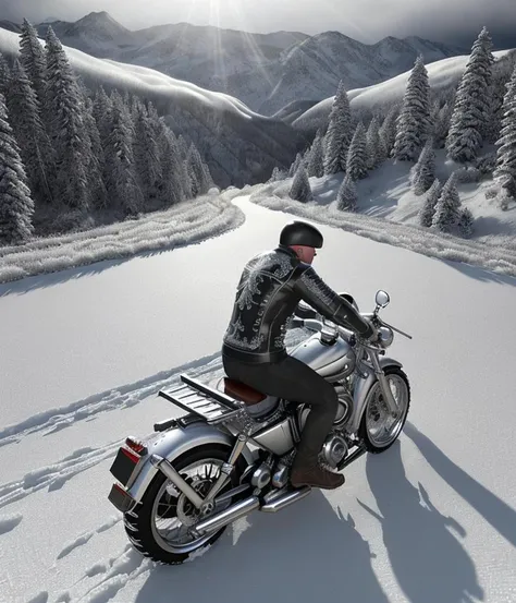 A biker is riding through the wintry mountains. The snow-covered peaks surround him as he navigates the winding road. The sunlight reflects off the sparkling snow,creating a mesmerizing winter wonderland.,complex background,style of xyzbiker03,epic realistic,faded,(hdr:1.4),(intricate),(artstation:1.2),intricate details,(technicolor:0.9),detailed,[[rutkowski]],intricate,cinematic,<lora:lora_168_xyzbiker03-LITE:0.5>,