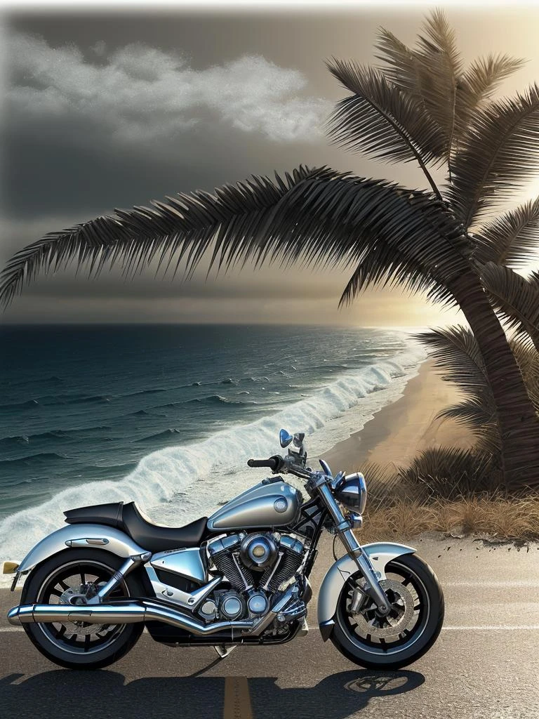 A biker cruises along the coastline highway,ocean waves,palm trees sway in the gentle breeze,casting long shadows on the road,style of xyzbiker03,epic realistic,(hdr:1.4),(artstation:1.2),intricate details,(technicolor:0.9),detailed,[[rutkowski]],intricate,cinematic,side_view,<lora:lora_168_xyzbiker03-LITE:0.3>,