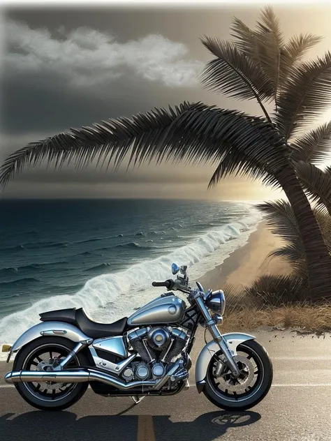 A biker cruises along the coastline highway,ocean waves,palm trees sway in the gentle breeze,casting long shadows on the road,style of xyzbiker03,epic realistic,(hdr:1.4),(artstation:1.2),intricate details,(technicolor:0.9),detailed,[[rutkowski]],intricate,cinematic,side_view,<lora:lora_168_xyzbiker03-LITE:0.3>,