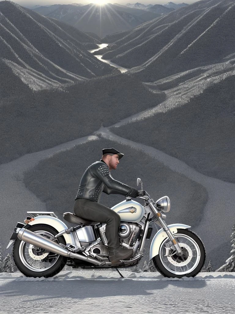 A biker is riding through the wintry mountains. The snow-covered peaks surround him as he navigates the winding road. The sunlight reflects off the sparkling snow,creating a mesmerizing winter wonderland.,complex background,style of xyzbiker03,epic realistic,(hdr:1.4),(artstation:1.2),intricate details,(technicolor:0.9),detailed,[[rutkowski]],intricate,cinematic,full_shot,<lora:lora_168_xyzbiker03-LITE:0.5>,