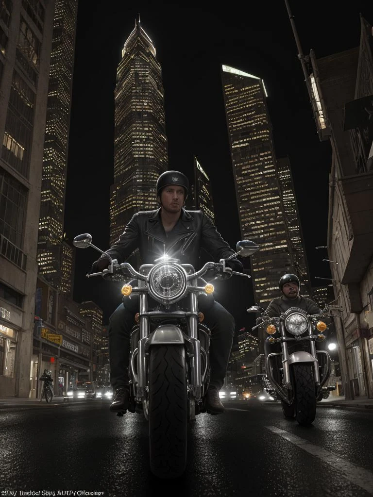 A biker speeding on a dimly lit streets of the city at night. The neon lights reflect off the shiny chrome of his bike,The city skyscrapers loom in the background,their illuminated windows creating a mesmerizing contrast against the dark night sky,style of xyzbiker03,epic realistic,(hdr:1.4),(artstation:1.2),intricate details,(technicolor:0.9),detailed,[[rutkowski]],intricate,cinematic,<lora:lora_168_xyzbiker03-LITE:0.3>,