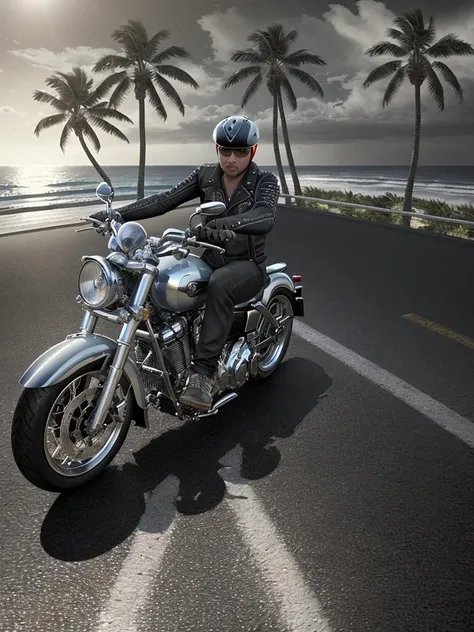 A biker cruises along the coastline highway,ocean waves,palm trees sway in the gentle breeze,casting long shadows on the road,style of xyzbiker03,epic realistic,(hdr:1.4),(artstation:1.2),intricate details,(technicolor:0.9),detailed,[[rutkowski]],intricate,cinematic,full_shot,<lora:lora_168_xyzbiker03-LITE:0.4>,