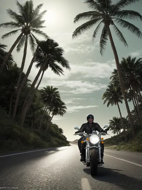create a picture, beach, sand, guy taking a break from workdays, he's wearing shorts, deep tan, there's a Harley Davidson motorcycle nearby