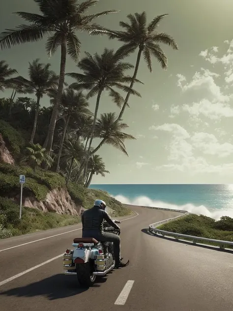 A fearless biker cruises on his roaring motorcycle along the coastline highway,surrounded by breathtaking ocean waves. Towering palm trees sway in the gentle breeze,casting long shadows on the road,creating a picturesque scene of coastal serenity,style of xyzbiker03,epic realistic,(hdr:1.4),(artstation:1.2),intricate details,(technicolor:0.9),detailed,[[rutkowski]],intricate,cinematic,<lora:lora_168_xyzbiker03-LITE:0.3>,