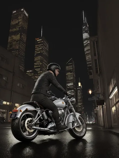 A biker speeding on a dimly lit streets of the city at night. The neon lights reflect off the shiny chrome of his bike,The city skyscrapers loom in the background,their illuminated windows creating a mesmerizing contrast against the dark night sky,style of xyzbiker03,epic realistic,(hdr:1.4),(artstation:1.2),intricate details,(technicolor:0.9),detailed,[[rutkowski]],intricate,cinematic,<lora:lora_168_xyzbiker03-LITE:0.3>,