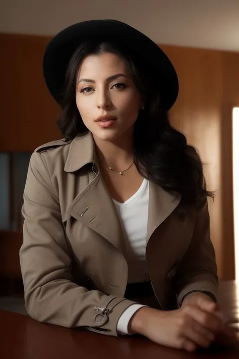 DEN_jullie_SG,
a 1940s private investigator wearing a trench coat and rimmed hat sitting in a drab dank office at the desk using a typewriter, private investigator, 1940s,
bokeh, f1.4, 40mm, photorealistic, raw, 8k, textured skin, skin pores, intricate details <lora:epi_noiseoffset2:1>, epiCRealism, <lora:ClothingAdjuster3:-0.8>