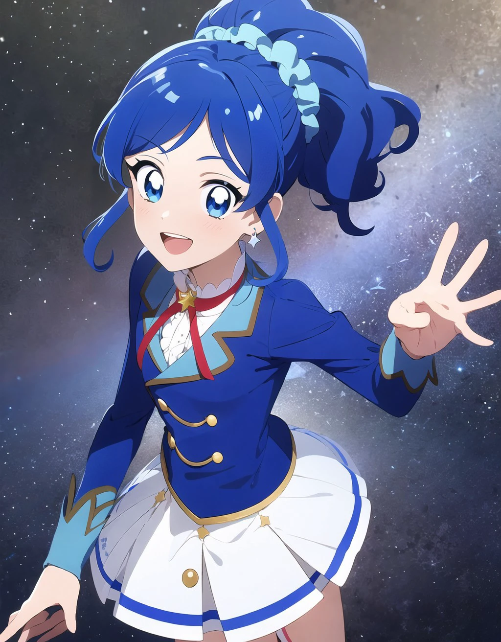 anime coloring, anime screencap,<lora:boldline:-0.5> eyelashes, , (aikatsu!,:1.1)bright pupils,
(floating,:1.2)running,
outdoors, cute,(happy, smile,;d:1.1)
,embroidery,gorgeous,
stage,crystal,
jewelry, earrings,
starry sky,milky way, light particles, magic,(glowing, transparent background,:1.3)
blue hair, ,hair scrunchie, sidelocks, ponytail,
<lora:kiriya aoi_v6:0.8> kiriya aoi, starlight academy uniform,white skirt,Blue Jacket,red neck ribbon,miniskirt
