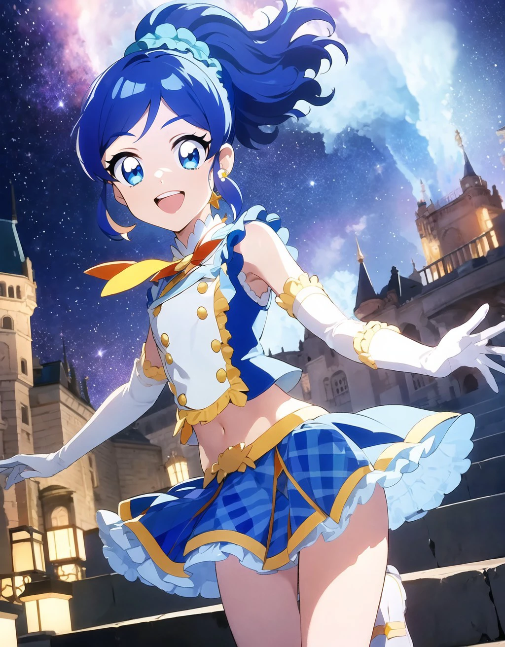 anime coloring, anime screencap,<lora:boldline:-0.5> eyelashes, , (aikatsu!,:1.1)bright pupils,
<lora:anmnr01AOM3A1:0.2>
(floating,:1.2)running,
outdoors, cute,(happy, smile,;d:1.1)
,embroidery,gorgeous,
castle,stairs
jewelry, earrings,
starry sky,milky way, light particles, magic,(glowing, transparent background,:1.3)
blue hair, ,hair scrunchie, sidelocks, ponytail,
<lora:kiriya aoi_v6:0.8> kiriya aoi, school dress 3, bare shoulders,elbow gloves, midriff, navel, open mouth, side ponytail, blue bow, skirt, plaid skirt, solo,white gloves, frilled skirt, frills, blue bow tie, shoulder frill