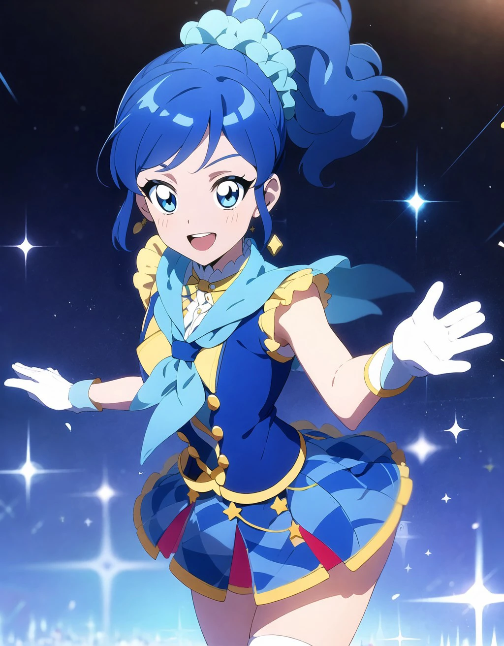 anime coloring, anime screencap,<lora:boldline:-0.5> eyelashes, , (aikatsu!,:1.1)bright pupils,
<lora:anmnr01AOM3A1:0.2>
(floating,:1.2)running,
outdoors, cute,(happy, smile,;d:1.1)
,embroidery,gorgeous,
stage,crystal,
jewelry, earrings,
starry sky,milky way, light particles, magic,(glowing, transparent background,:1.3)
blue hair, ,hair scrunchie, sidelocks, ponytail,
<lora:kiriya aoi_v6:0.8> kiriya aoi, ((school dress 2,checkered skirt, neckerchief)),gloves, plaid,sleeveless, thighhighs, scrunchie, white gloves, white center frills