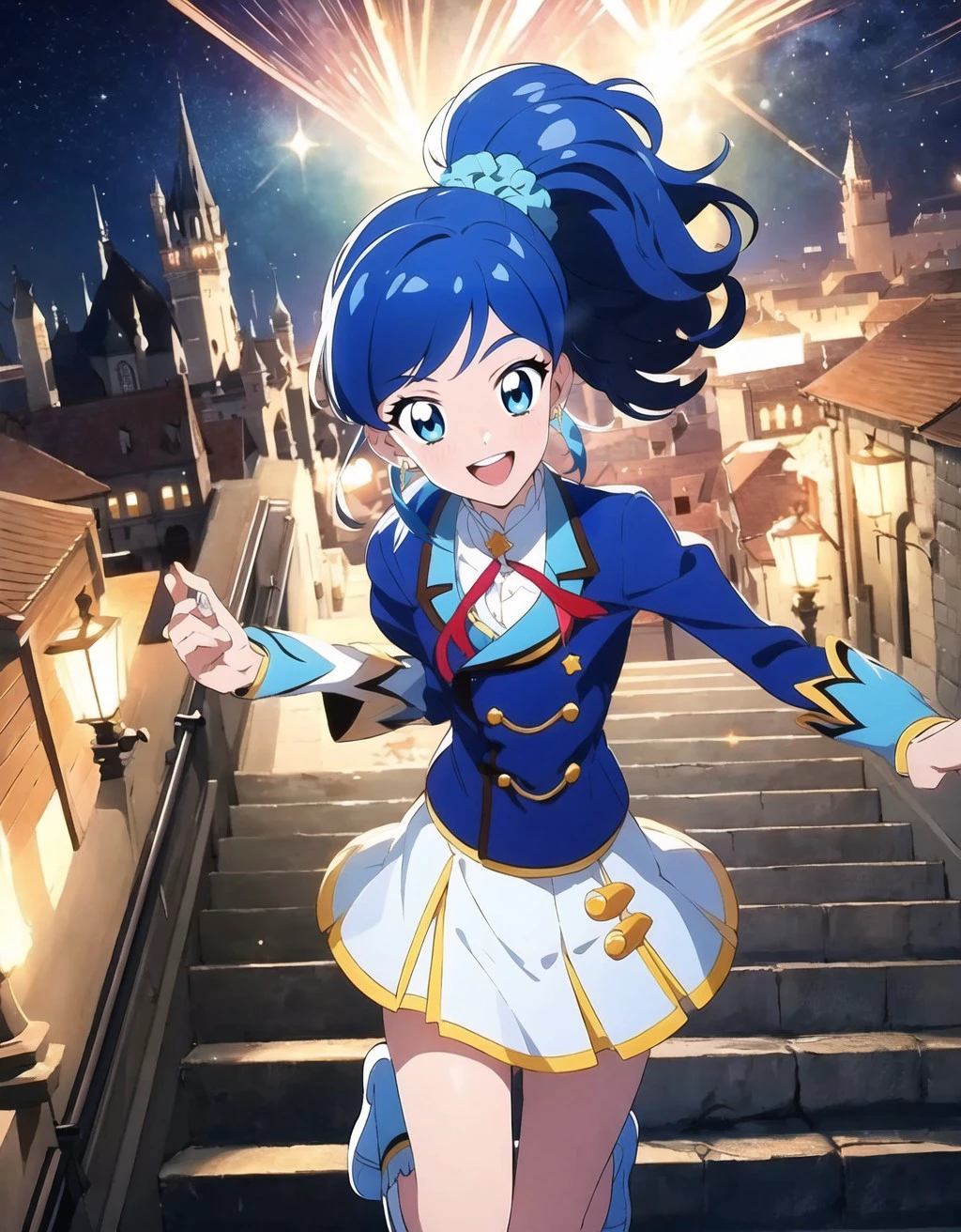 anime coloring, anime screencap,<lora:boldline:-0.5> eyelashes, , (aikatsu!,:1.1)bright pupils,
<lora:anmnr01AOM3A1:0.1>
(floating,:1.2)running,
outdoors, cute,(happy, smile,;d:1.1)
castle,stairs,embroidery,gorgeous,
jewelry, earrings,
starry sky, light particles, magic,(glowing, transparent background,:1.3)
blue hair, ,hair scrunchie, sidelocks, ponytail,
<lora:kiriya aoi_v6:0.8> kiriya aoi,starlight academy uniform,white skirt,Blue Jacket,red neck ribbon,miniskirt