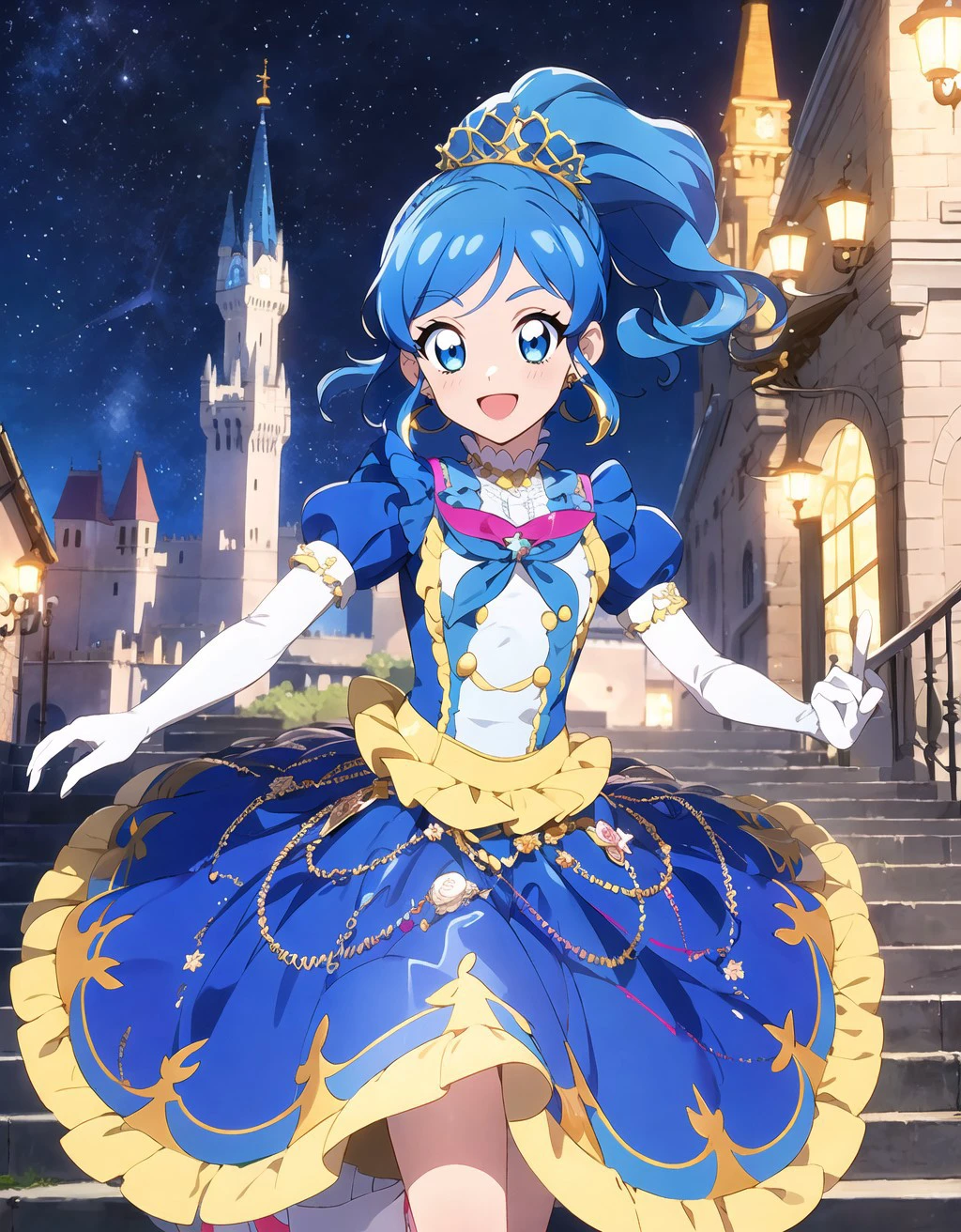 anime coloring, anime screencap,<lora:boldline:-0.5> eyelashes, , (aikatsu!,:1.1)bright pupils,
<lora:anmnr01AOM3A1:0.2>
(floating,:1.2)running,
outdoors, cute,(happy, smile,;d:1.1)
,embroidery,gorgeous,
castle,stairs
jewelry, earrings,
starry sky,milky way, light particles, magic,(glowing, transparent background,:1.3)
blue hair, ,hair scrunchie, sidelocks, ponytail,
<lora:kiriya aoi_v6:0.8> kiriya aoi, dress, short sleeves, puffy sleeves
cinderella,,(princess:1.3),,lace trim, long skirt,white gloves, elbow gloves, virgin,(bridal:1.3)
white dress,, (,tiara:1.3), layered skirt,
<lora:Skirt_TailV2:0.3> (skirt_tail:1.5)