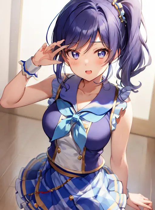 kiriya aoi, <lora:kiriya aoi_v3:0.8:ALL1>,fullbody,simple background,short_hair, side_ponytail,
blue checked skirt,sleeveless,bule neck scarf,school dress 1,, ((masterpiece,highres)),