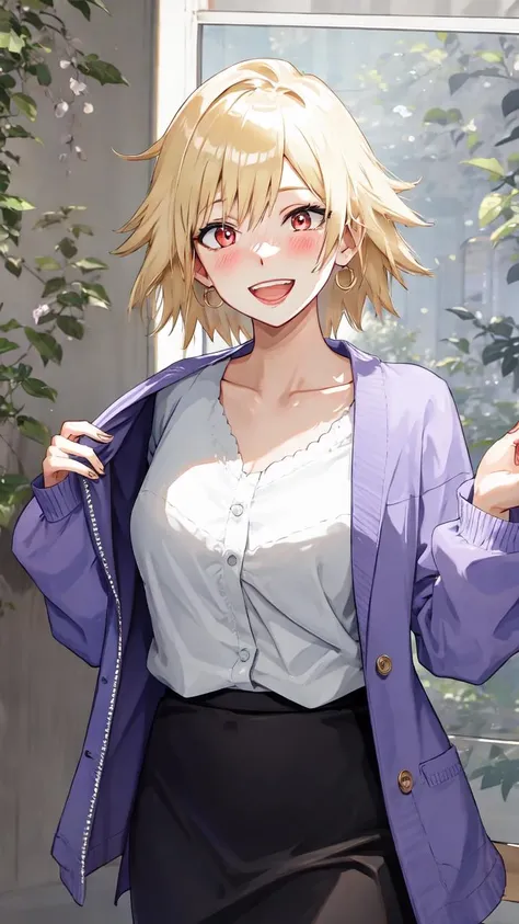 lumen reflections, natural lighting, evocative, triadic color scheme, cowboy shot, elegant, voluptuous:0.6, looking at viewer, 1girl, female, solo, blush, open mouth, smile, teeth, sfw, <lora:Mitsuki:1>, bakumilf, blonde hair, spiky hair, red eyes, cardigan, purple cardigan, (blouse:1), white blouse, skirt, black skirt
