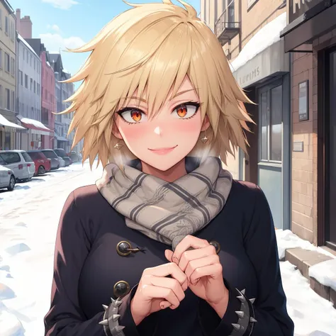 (highres, best quality:1.2), intricate details, vibrant image, sharpness, colorful, bakumilf, solo, mature female, spiky hair, blonde hair, street, winter, warm clothes, smile  <lora:Mitsuki-10:0.9>