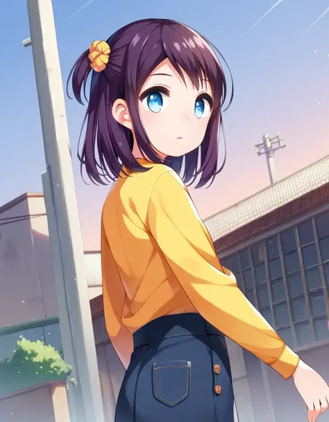 score_9, score_8_up, score_7_up,score_6_up,score_5_up,score_4_up, a girl on the rooftop of the school, medium hair, one side up, dark purple hair, (looking away:1.1), yellow shrug, blue eyes, dutch angle, 
, <lora:shouji_ayumu_style_pony6_v1:1>