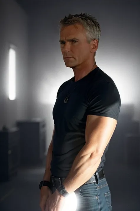 (middle shot) of sgjack, dramatic lighting <lora:sgjack_v1:1>, movie, cinematic, photography, black shirt
