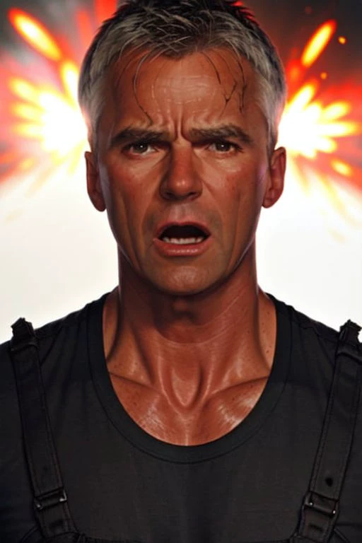 (middle shot) of sgjack, dramatic lighting <lora:sgjack_v1:1>, action , cinematic, photography, black shirt, (screaming), explosion