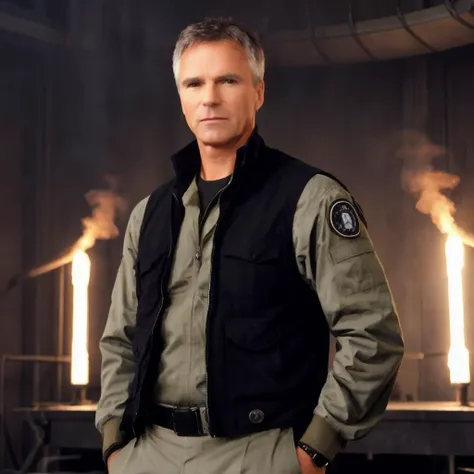 RAW photo of man sgjack portrait, realistic, movie, cinematic, standing, fit, smirking, military, long sleeve, black vest, lab, <lora:sgjack_v1:1>