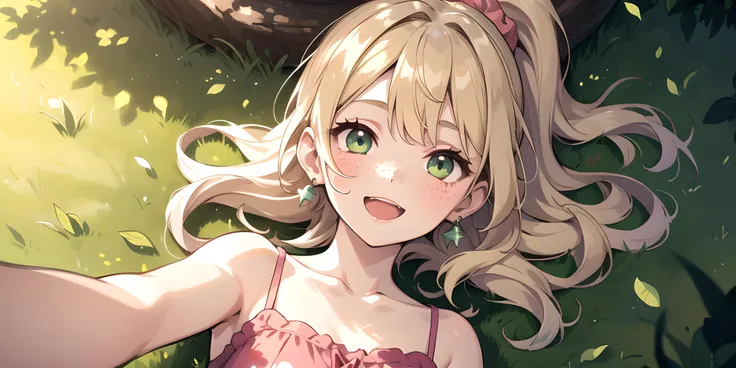 (masterpiece, best quality, highres), 1girl, solo, blonde hair, long wavy hair, high ponytail, asymmetrical bangs, green eyes, small perky breasts, freckles, pale skin, long eyelashes, pink scrunchie, ear piercing, sundress, on back, on grass, tree shade, dappled sunlight, looking at viewer, blush, happy, open mouth, smile, reaching towards viewer, upper body, from abose, pov