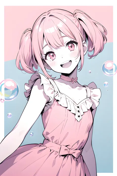 (masterpiece, best quality, highres), 1girl, solo, upper body, bubbles, soap bubbles, pink hair, pink eyes, pink dress, pink theme, looking at viewer, petite, short hair, twintails, flat color, monochrome, open mouth, smile, happy, head tilt