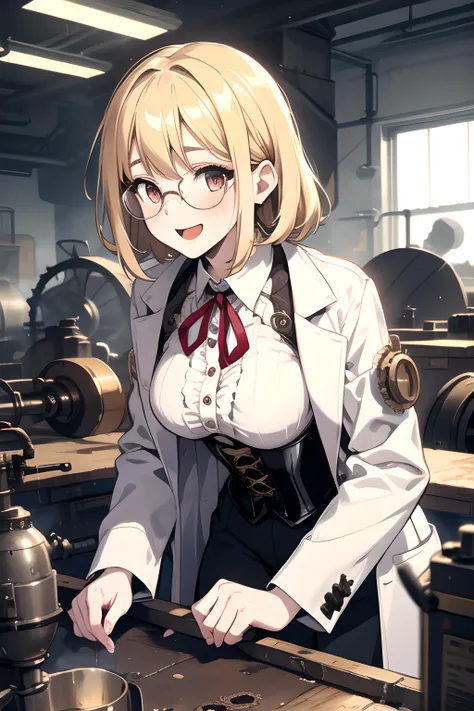 (masterpiece, best quality, highres), 1girl, solo, blonde hair, messy hair, pale skin, lab coat, white frilled shirt, corset, pants, skin tight, upper body, steampunk, victorian fashion, indoors, machinery, industrial pipe, gears, steam, messy room, excited, open mouth, smile, neck ribbon, glasses, pocket watch, leaning, leaning forward