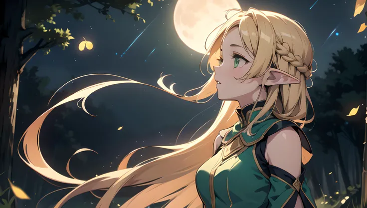 (masterpiece, best quality, highres), fantasy, solo, tall female, elf, pointy ears, blonde hair, absurdly long hair, green eyes, pale skin, medium breasts, toned, green tunic, detached sleeves, circlet, forest, night, night sky, full moon, expressionless, parted lips, facing up, looking up, from side, profile, starry sky, shooting star, wind, floating hair, falling leaves, french braid, fireflies, glowing