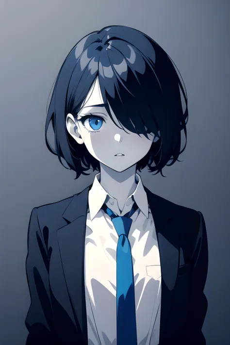 (masterpiece, best quality, highres), tall female, solo, upper body, androgynous, flat chest, very short hair, hair over one eye, dark blue hair, blue eyes, monochrome, blue theme, cel shading, high contrast, pale skin, bags under eyes, formal, partially unbuttoned shirt, loose necktie, jacket, expressionless, parted lips