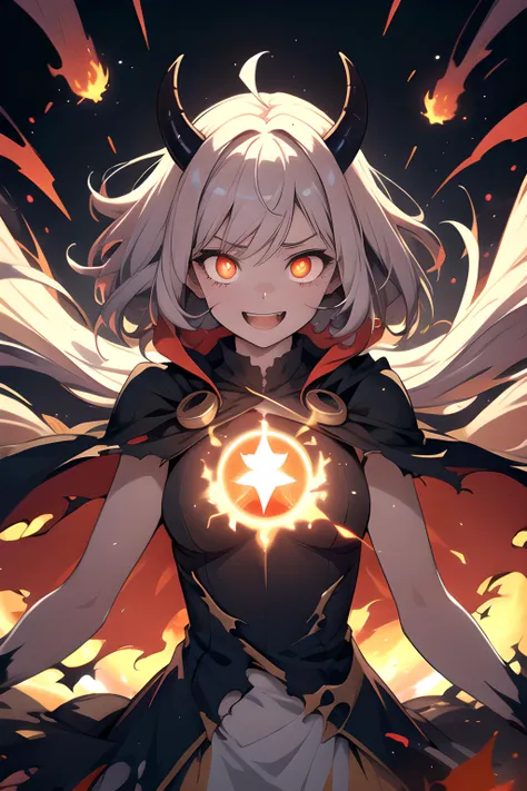 (masterpiece, best quality, highres), fantasy, demon girl, demon horns, solo, upper body, crazy eyes, crazy smile, crazy, magic circle, energy, aura, dark aura, casting spell, fire, fireball, floating, floating hair, explosion, glowing, glowing eyes, taut clothes, taut dress, torn clothes, torn cape, light particles