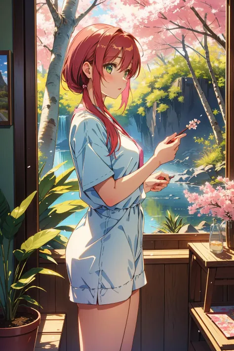 1girl, detailed Redshift render, Golden ratio, landscape of a Honorable Feral ([Kelimutu Crater Lakes:Rainforest:1]:1.3) in the distance there is a Tiwanaku, Vibrant indoors with Birch tree, Bathed in shadows, Disgusting, Cyberpop, Accent lighting, pinhole lens, cherry blossom pink and electric green hue, Decoupage, concept art, High quality, Unsplash, (impressionism art by Willard Metcalf:0.7)