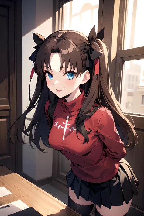 (masterpiece, best quality, highres), tohsaka rin, solo, long hair, two side up, brown hair, blue eyes, hair ribbon, red turtleneck, long sleeves, pleated skirt, black skirt, black thighhighs, indoors, standing, leaning forward, arms behind back, looking at viewer, ;p, upper body