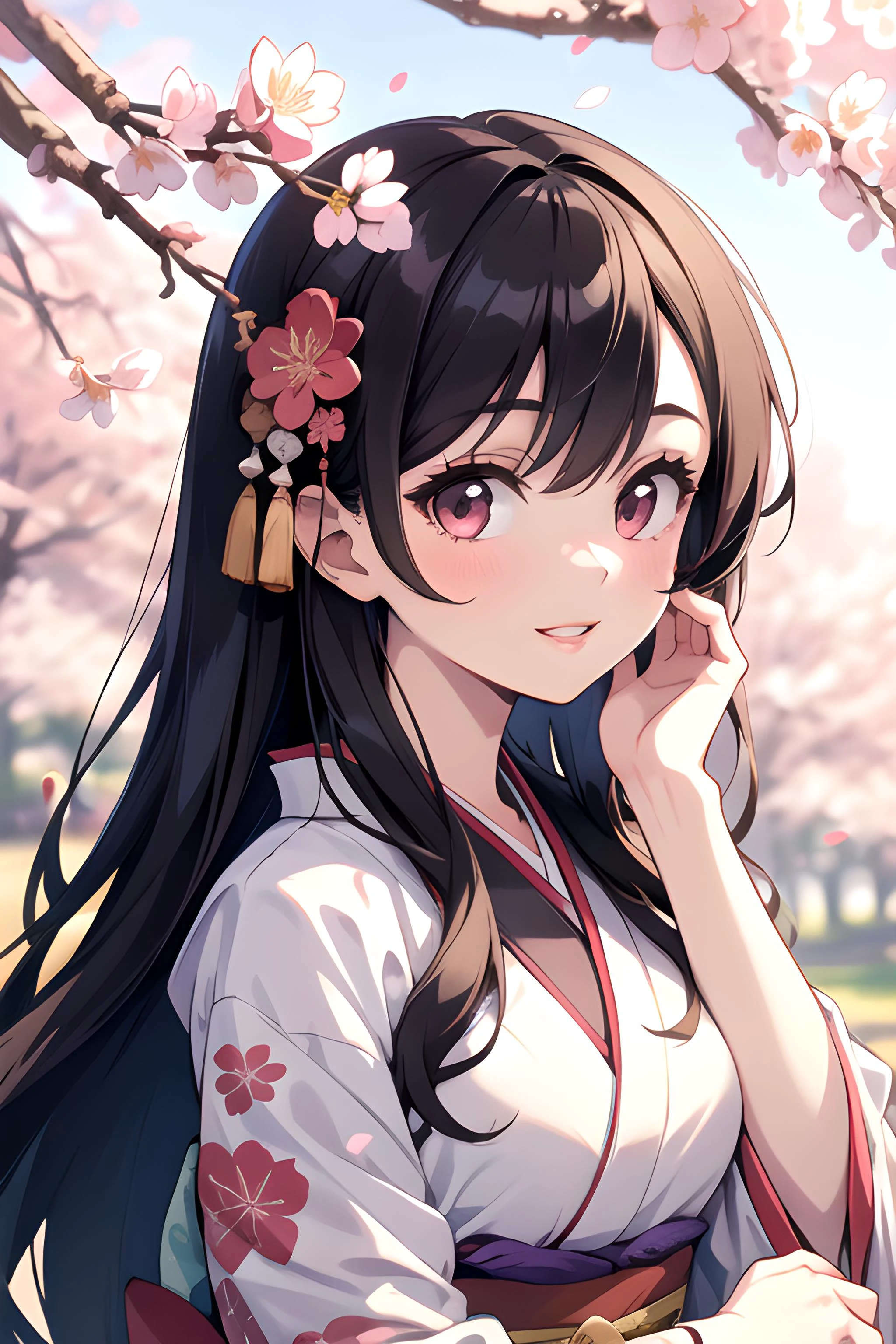 (masterpiece, best quality, highres), 1girl, solo, portrait, medium perky breasts, long hair, hime cut, pale skin, outdoors, japanese clothes, print kimono, spring \(season\), sunlight, looking at viewer, parted lips, smile, falling petals, hand on own cheek, cherry blossoms, hair ornament