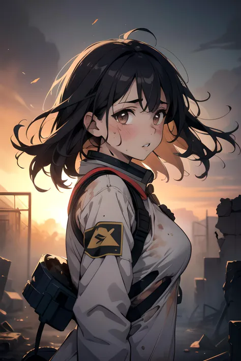 (masterpiece, best quality, highres), 1girl, solo, medium breasts, toned, ruins, outdoors, explosion, fire, hazmat suit, torn clothes, exhausted, parted lips, dirty, dirty face, dirty clothes, looking at viewer, dust cloud, dust, from side, smoke, upper body, wind, floating hair, looking at viewer