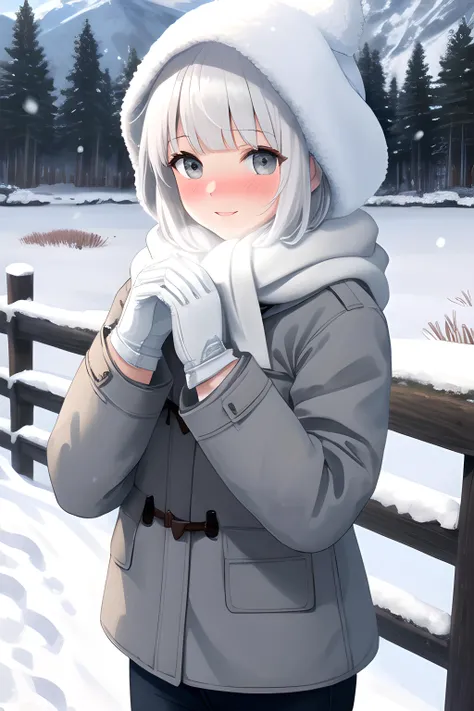 (masterpiece, best quality, absurdres, ultra detailed, intricate details, beautiful, finely detailed:1.5), 1girl, white hair, grey eyes, short straight hair, blunt bangs, flat chest, narrow waist, petite, pale skin, outdoors, forest, grey sky, winter, snow, snowing, standing, winter clothes, winter coat, white scarf, light smile, parted lips, nose blush, breath, cowboy shot, white winter gloves, white bonnet, wooden fence, mountain, village, own hands together
