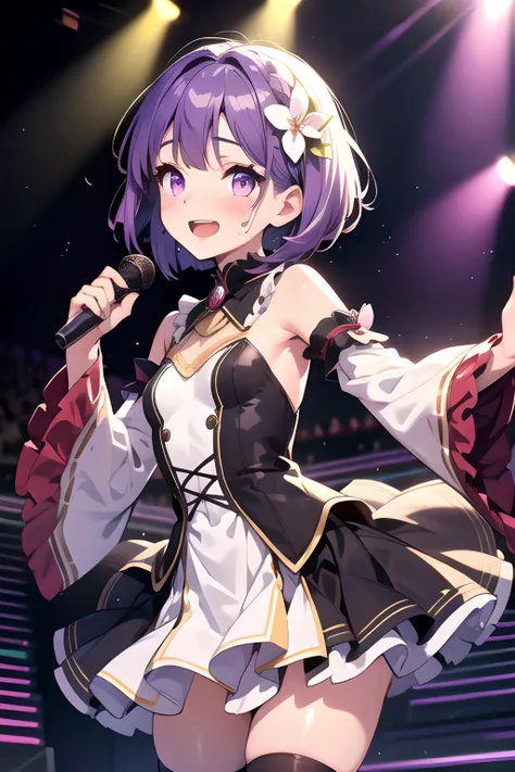 (masterpiece, best quality, highres), 1girl, solo, purple hair, short hair, inverted bob, purple eyes, small breasts, narrow waist, long eyelashes, idol, frilled dress, happy, open mouth, smile, singing, dancing, stage, stage lights, hair ornament, long sleeves, detached sleeves, thighhighs, cowboy shot, sweat, sweatdrop, shiny skin, shiny hair, looking at another