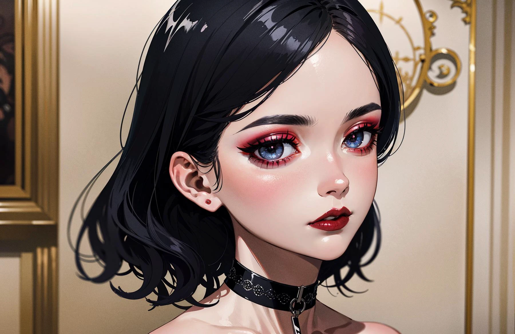 (masterpiece, best quality, beautiful and aesthetic:1.3), 1girl, solo, <lora:r0m4nt1cg0th:0.4>, closeup portrait, r0m4nt1cg0th, red makeup, close-up, portrait, gothic makeup, dark red lipstick, (black hair, silver eyes, choker, gothic dress), beautiful face, beautiful eyes, glossy skin, shiny skin, indoors, ballroom
<lora:Add Detail:0>,
<lora:Lgirl Slider:-1> ,