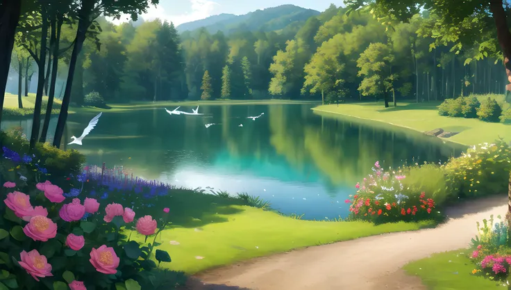 (masterpiece, best quality, absurdres, ultra detailed, intricate details, beautiful, finely detailed:1.5), no humans, panorama, day, summer, sunlight, forest, lake, water, reflective water, sparkle, bird, flower,